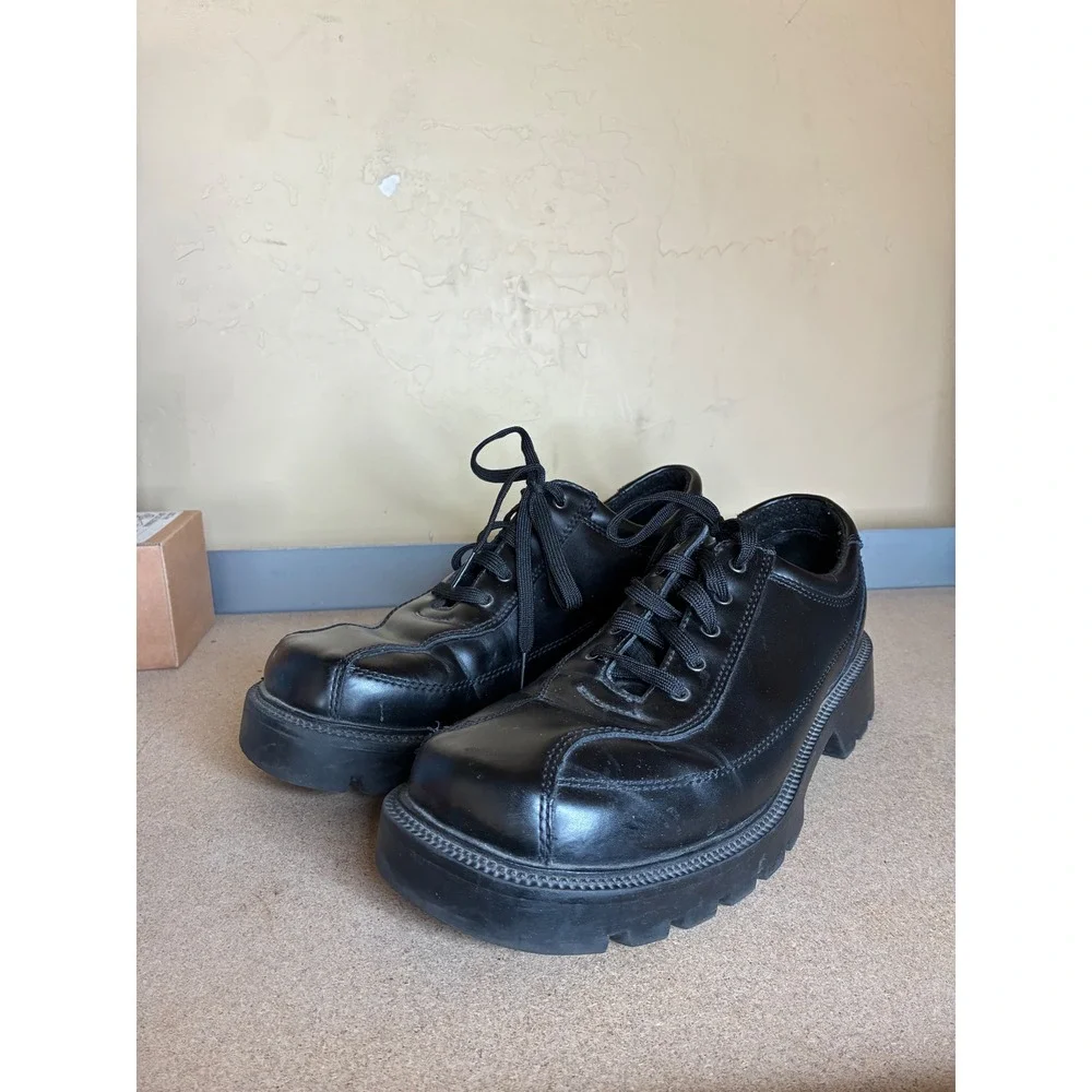 Skechers Jammers Black Leather Chunky Lug Sole Platform Oxfords SN 4411 Mens 9.5